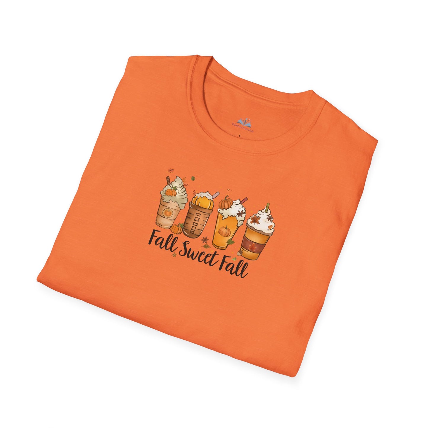 Folded orange t-shirt with 'Fall Sweet Fall' design on a white background