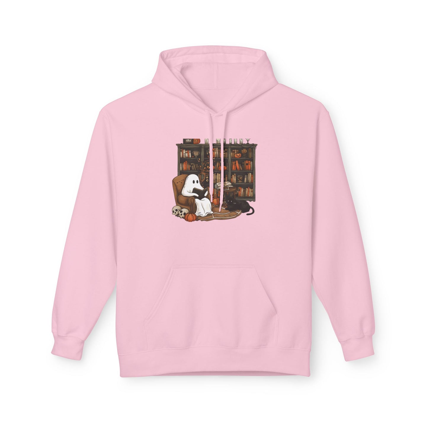 Pink hoodie with a graphic of a ghost and dog in a library on a white background