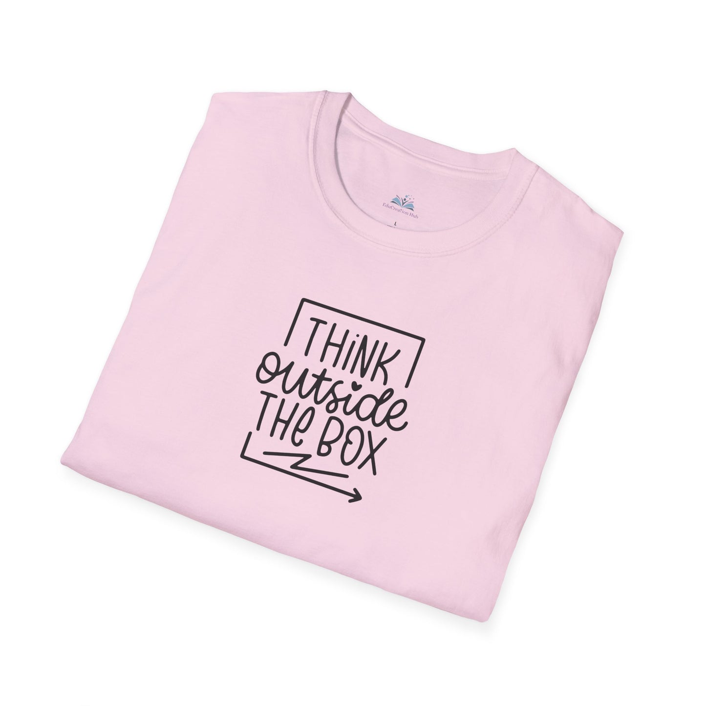 Folded pink t-shirt with 'I think outside the box' text on a white background