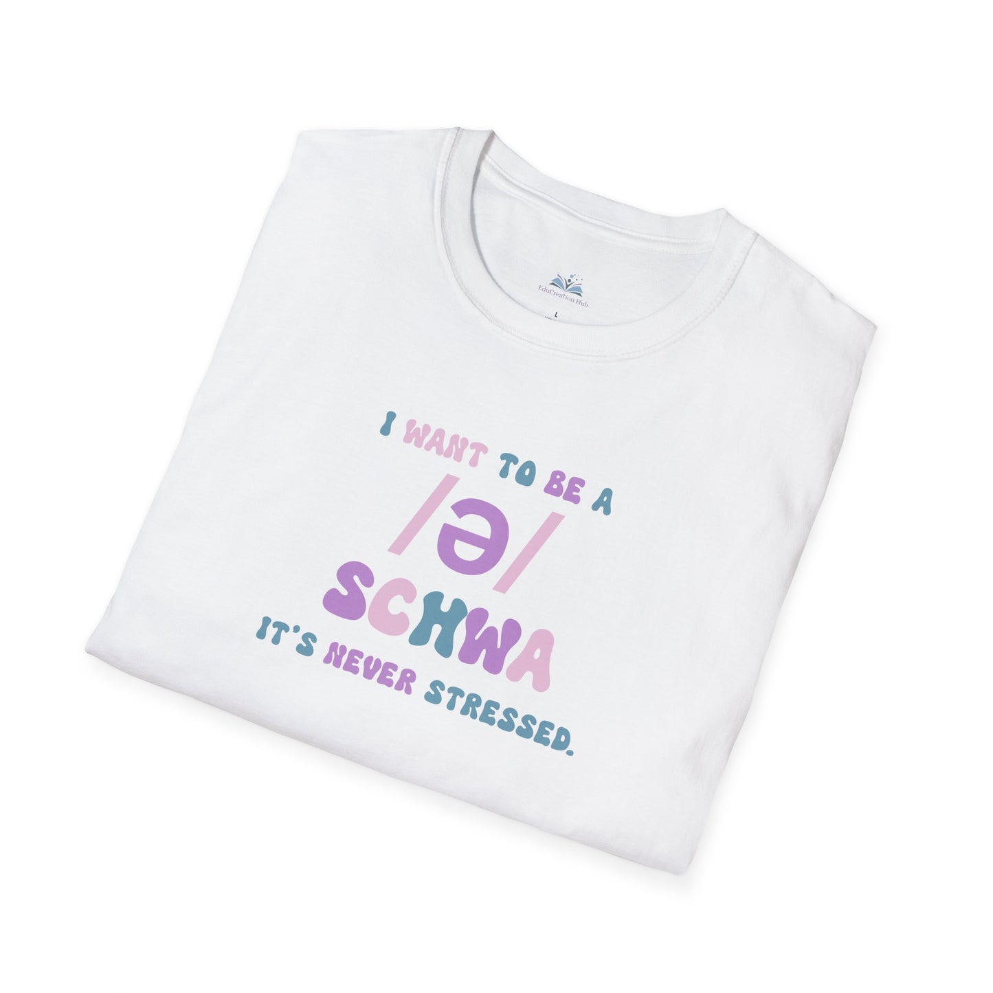 White t-shirt with colorful text on a white background