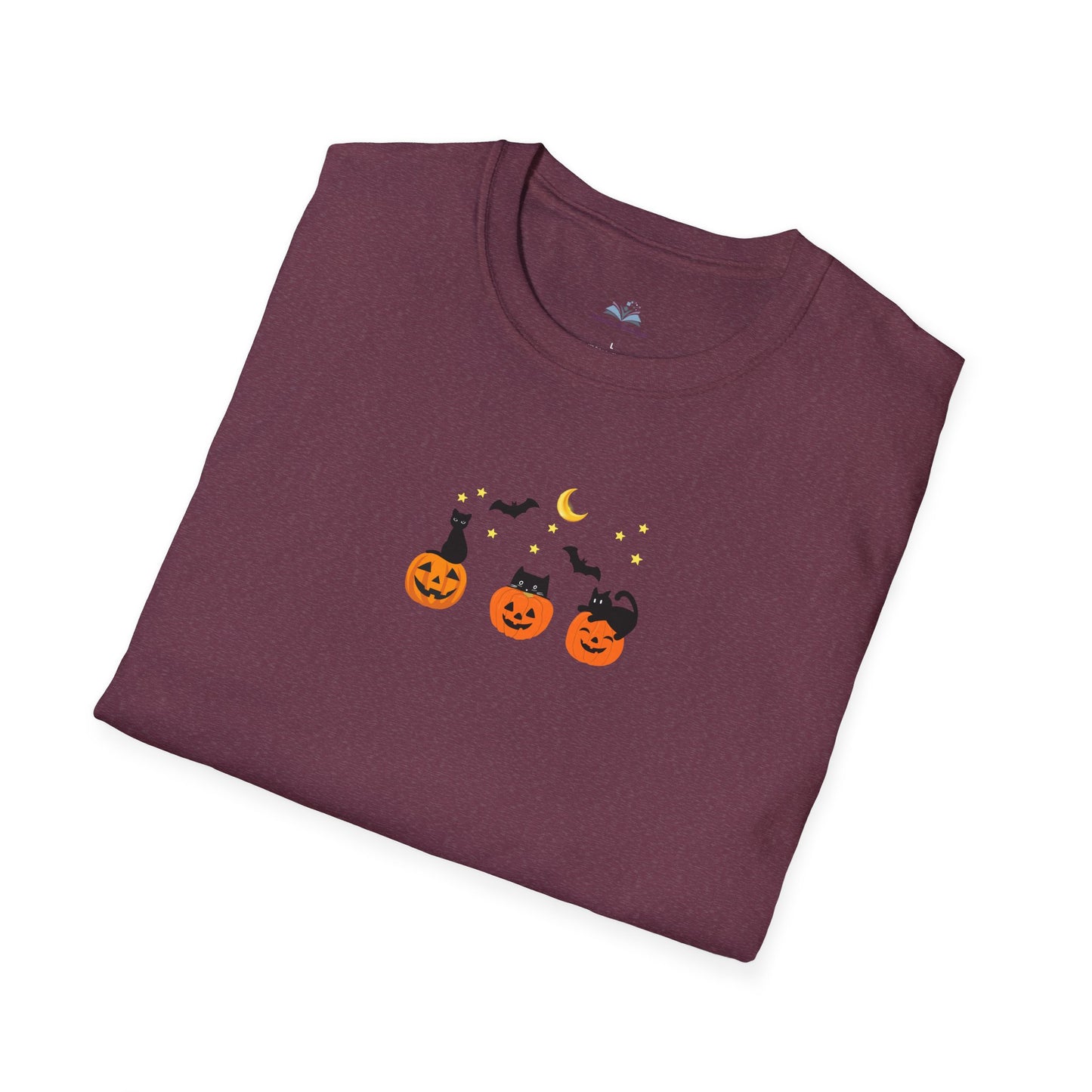 Folded maroon t-shirt with Halloween design on a white background