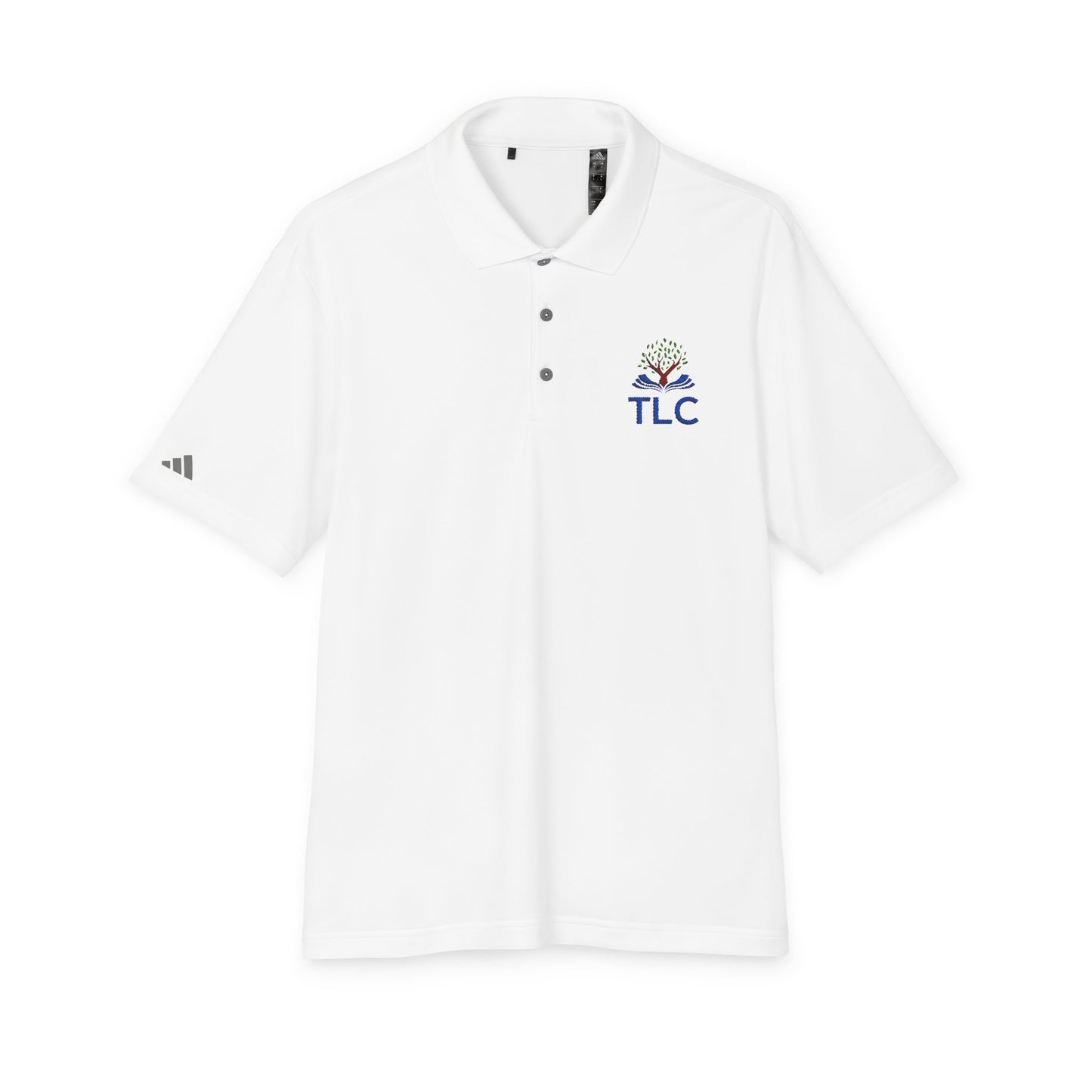 White shirt with a logo and text on a white background