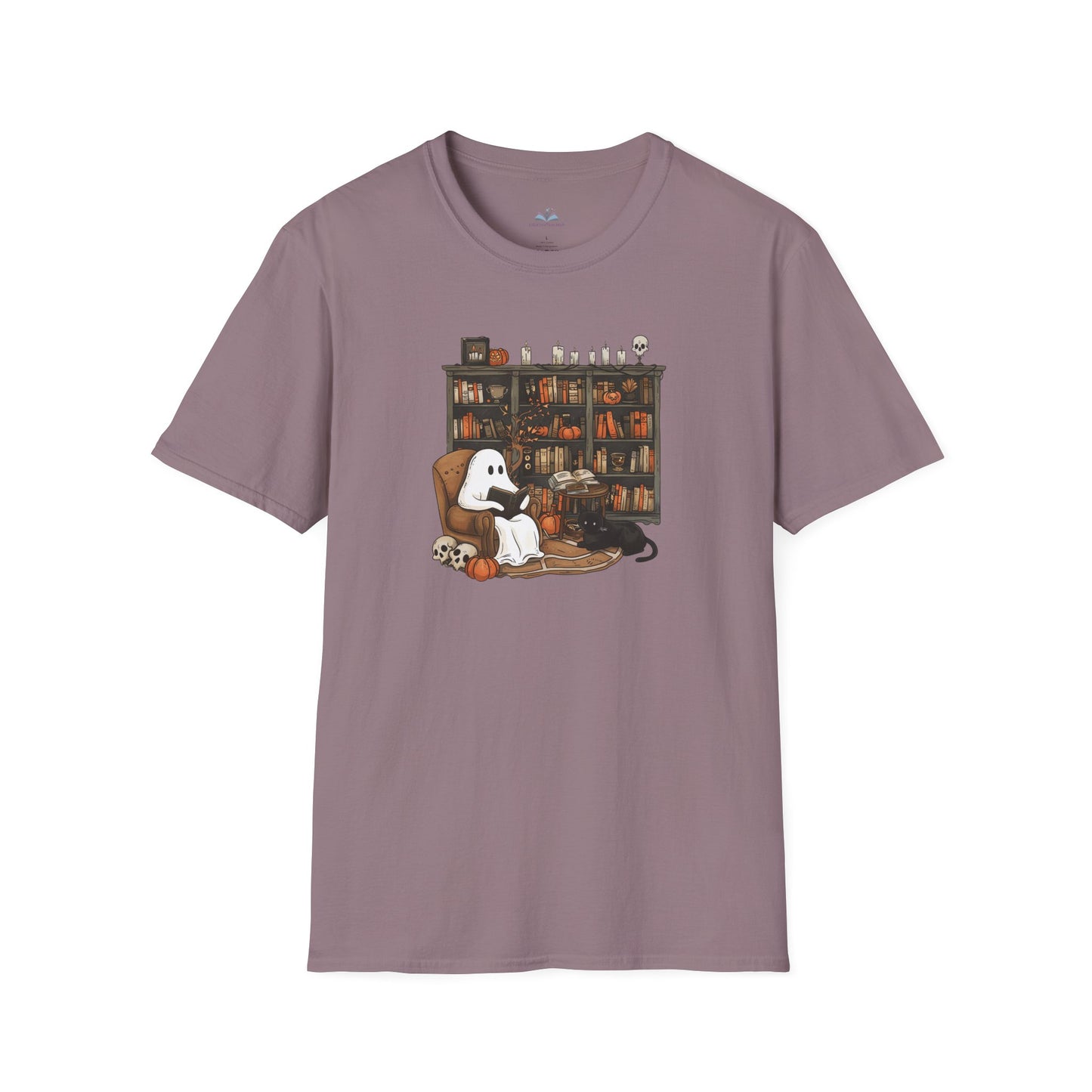 Purple t-shirt with a graphic of a ghost, dog, and cat in a library on a white background