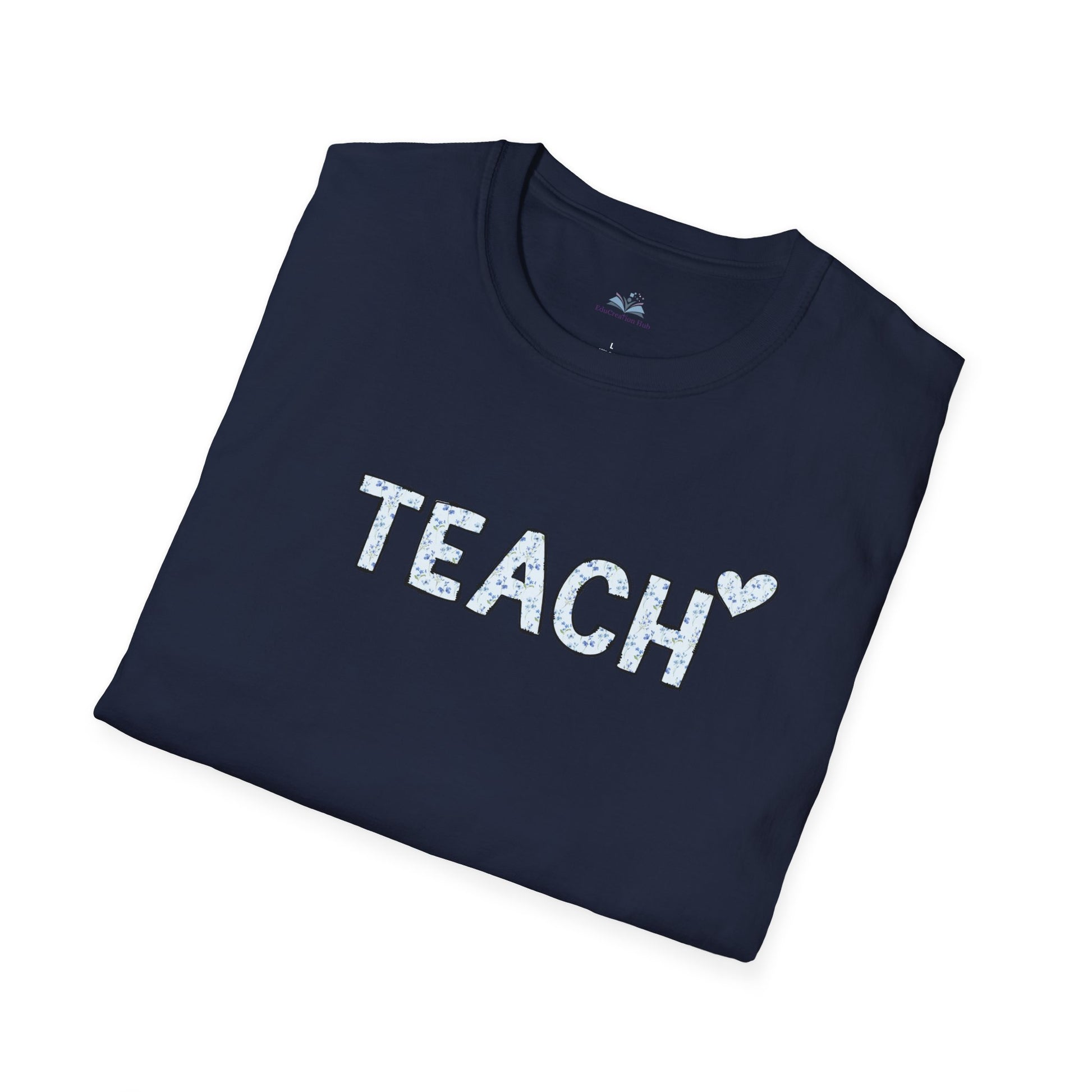 Navy blue t-shirt with 'TEACH' printed on it against a white background