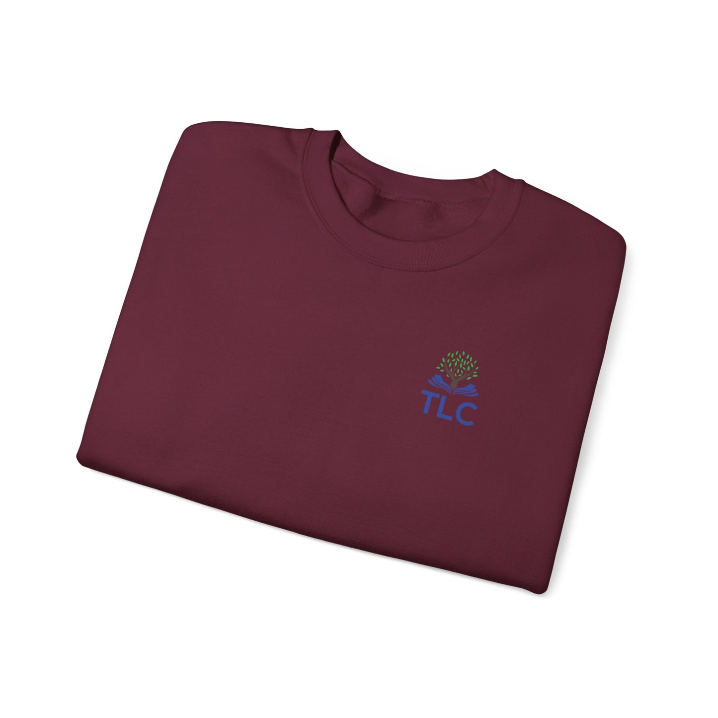 Folded maroon shirt with TLC logo on a white background