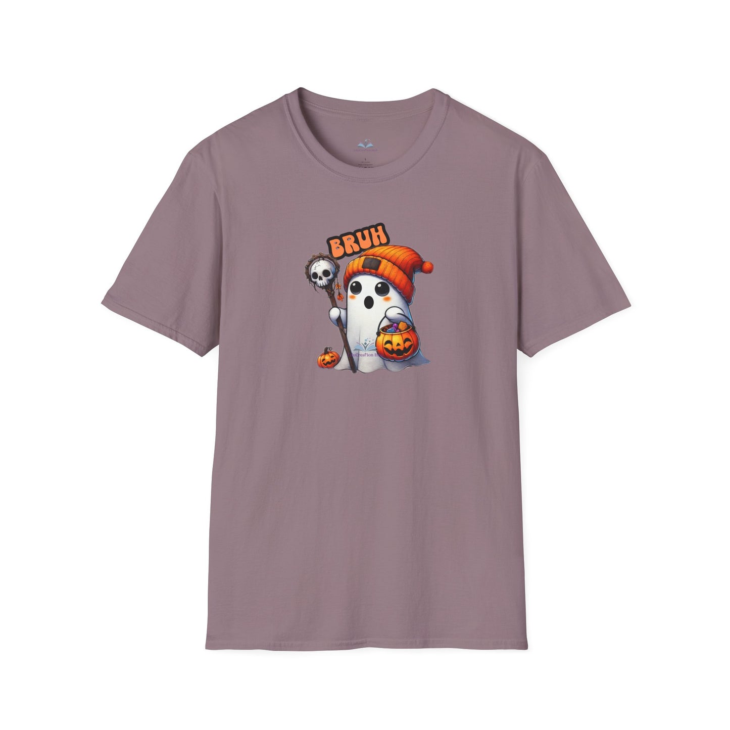 Purple t-shirt with a Halloween-themed graphic of a ghost and skull on a white background