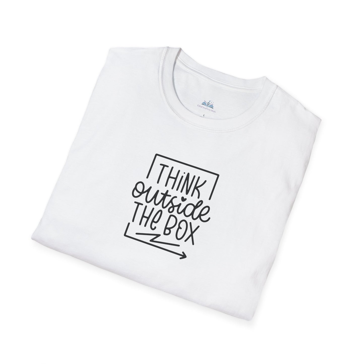 White t-shirt with 'I think outside the box' text on a white background