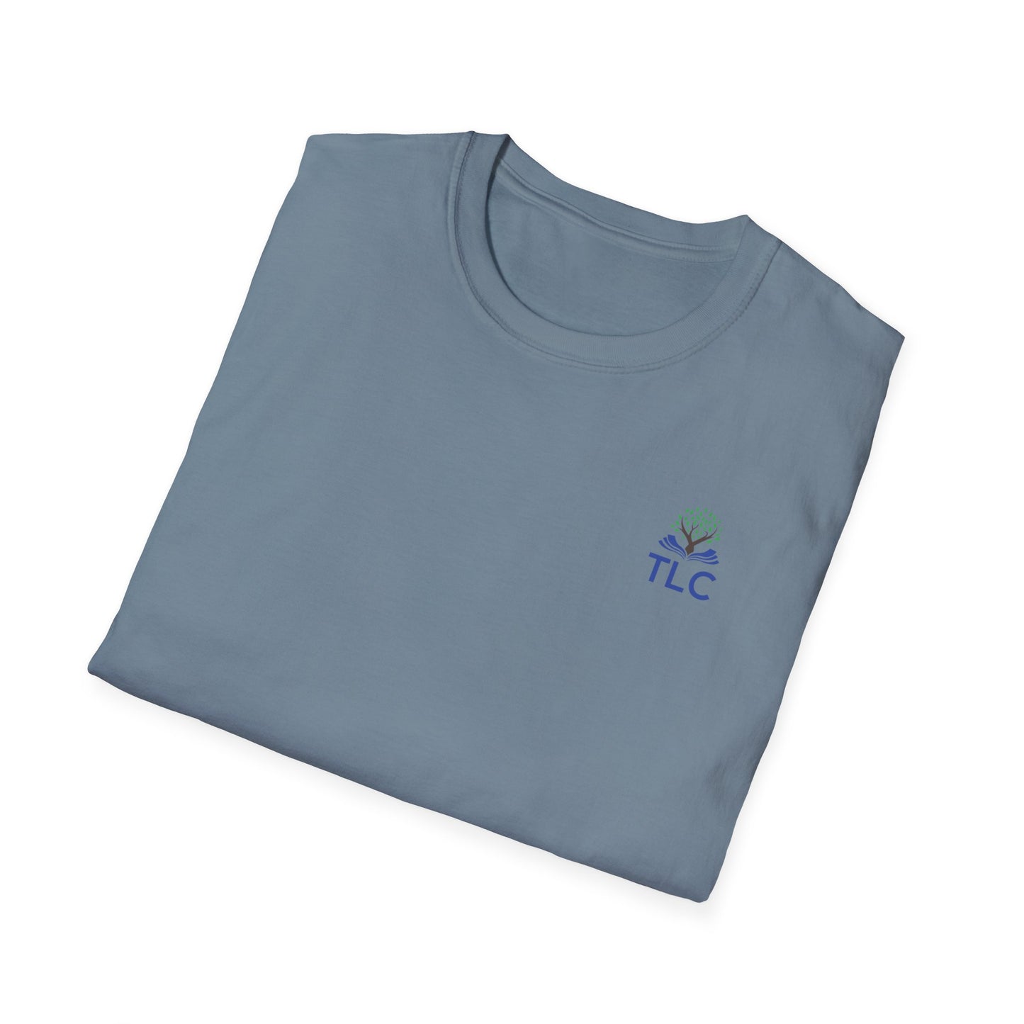 Folded blue t-shirt with 'TLC' logo on a white background