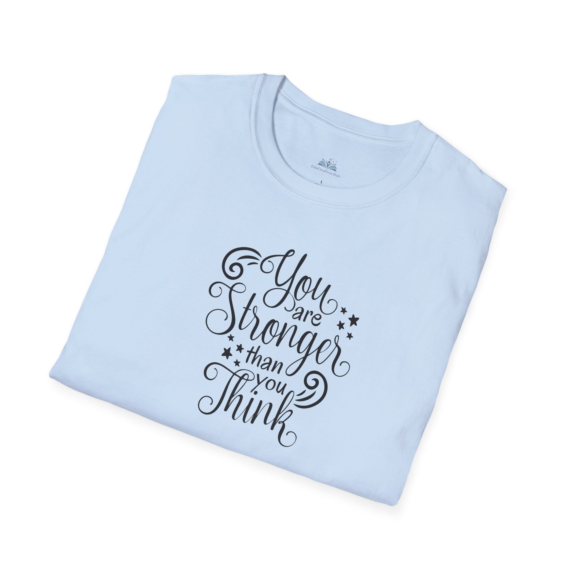 Light blue t-shirt with motivational quote on a white background