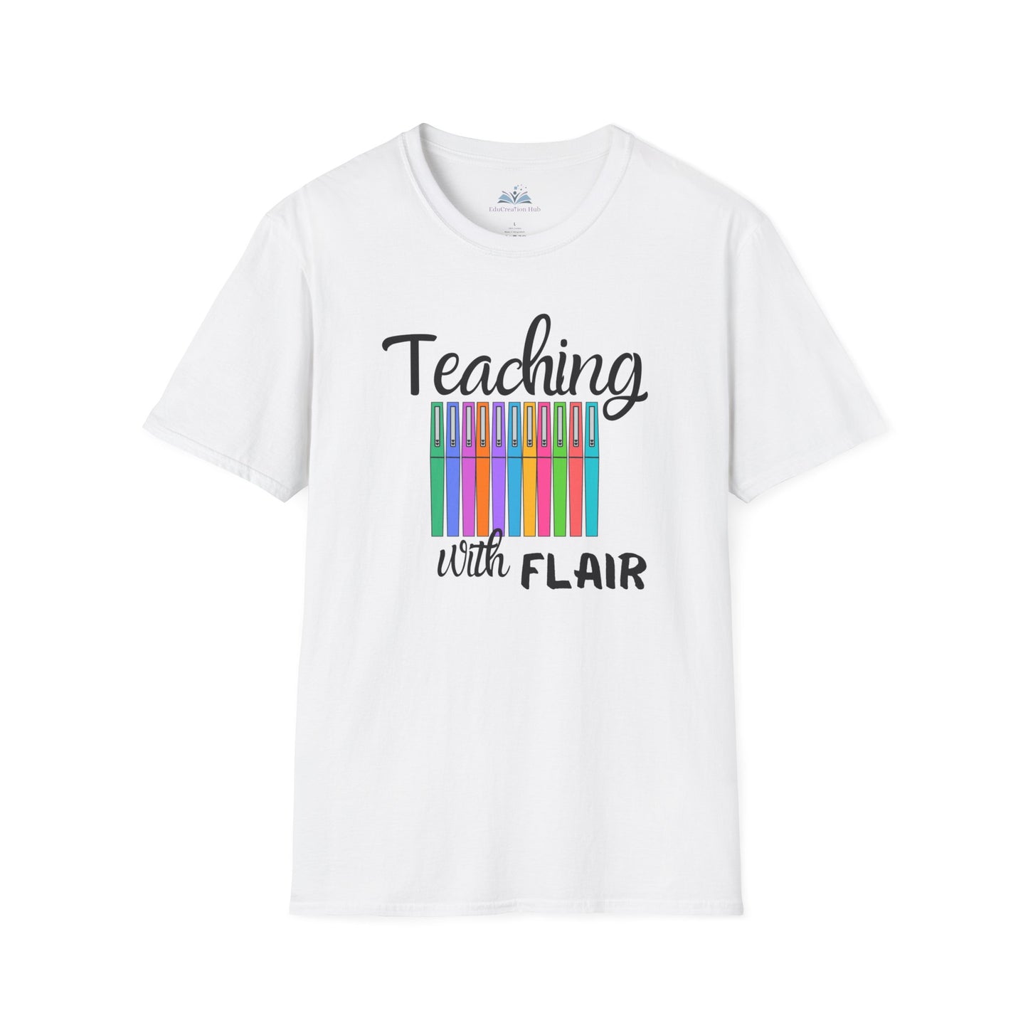 White t-shirt with 'Teaching with Flair' text and colorful design on a white background