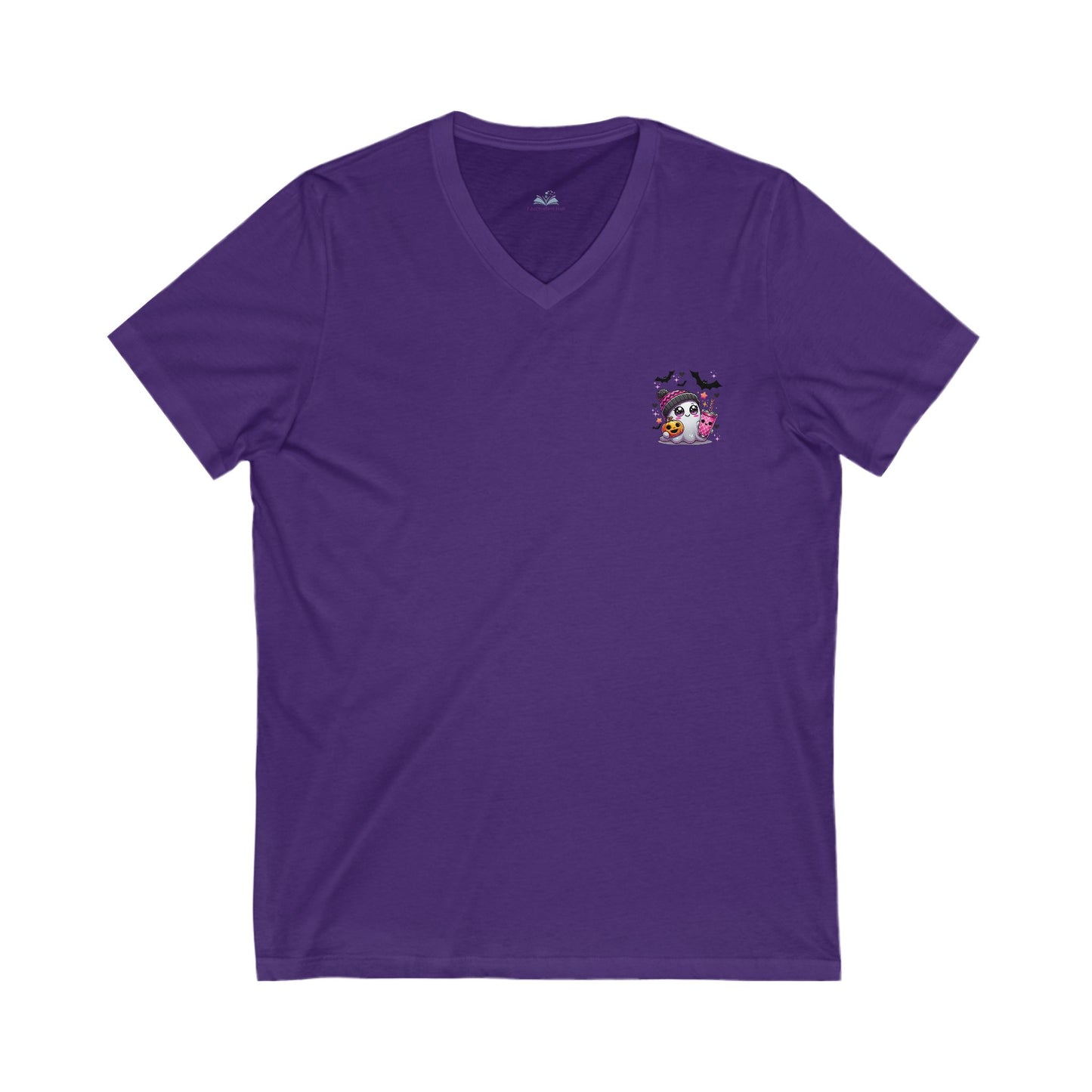 Purple t-shirt with a small graphic on the chest against a white background