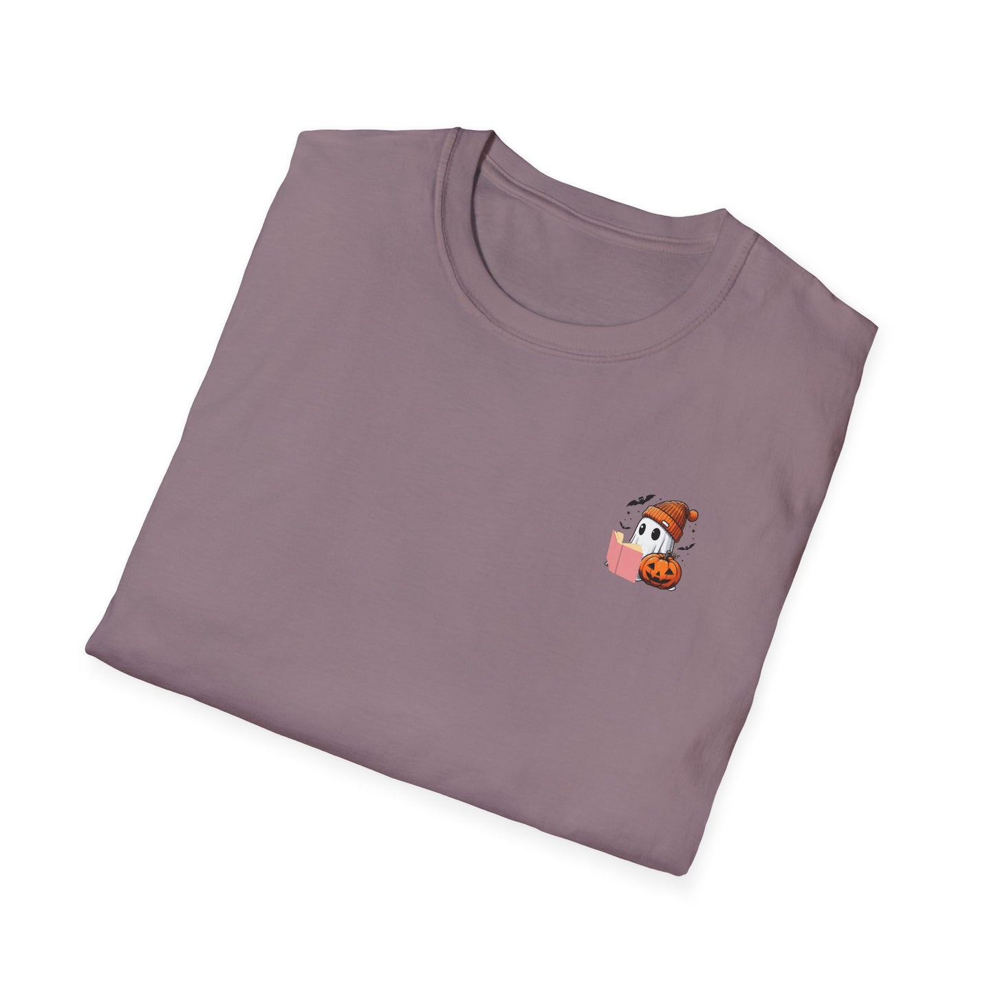 Folded purple t-shirt with a small graphic on a white background
