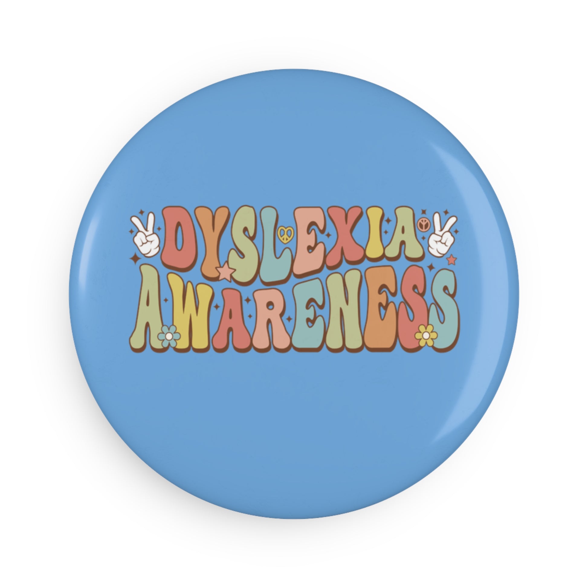 Blue button with 'Dyslexia Awareness' text in colorful letters on a white background