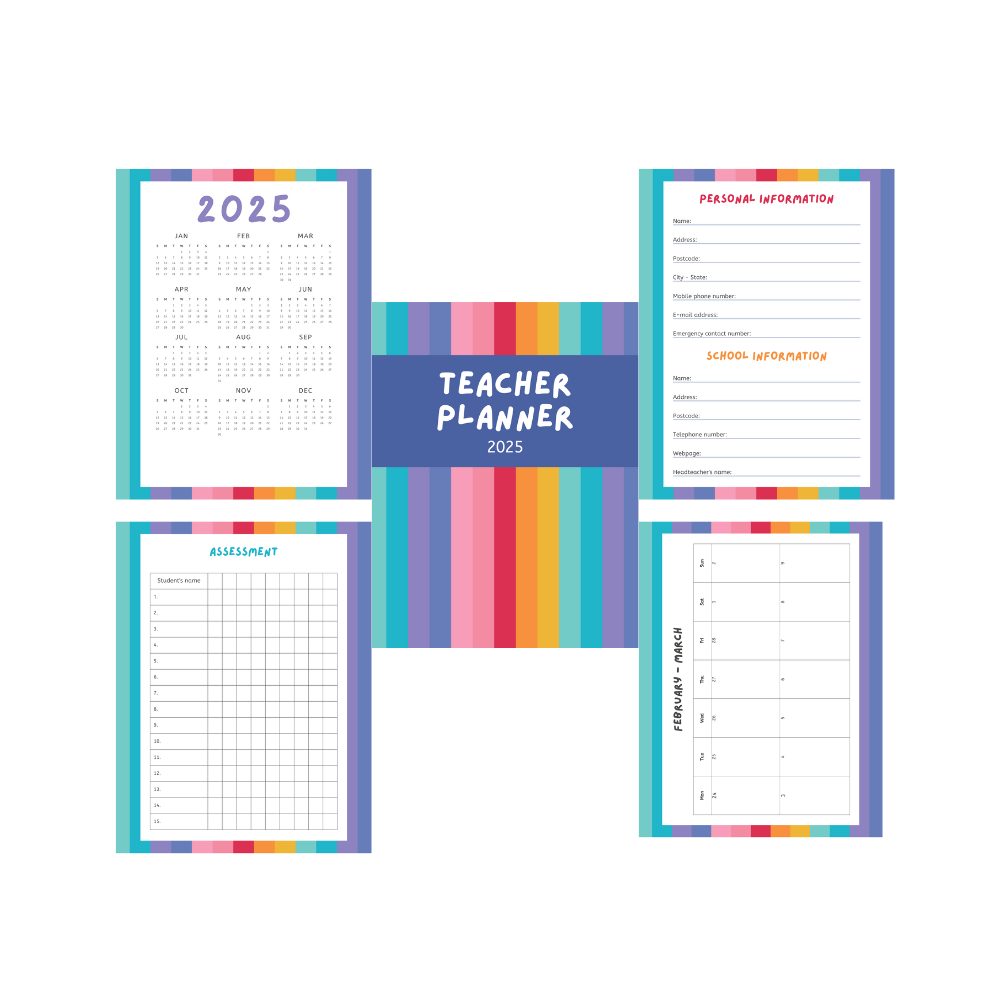 Teacher planner with colorful design on a white background