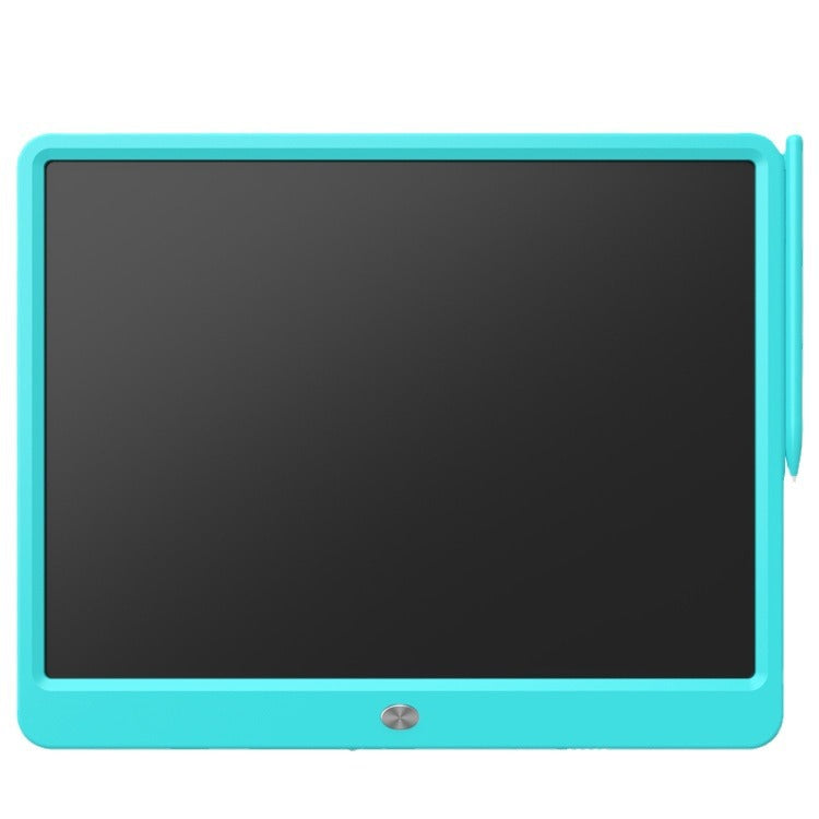 Teal-framed tablet with a black screen on a white background