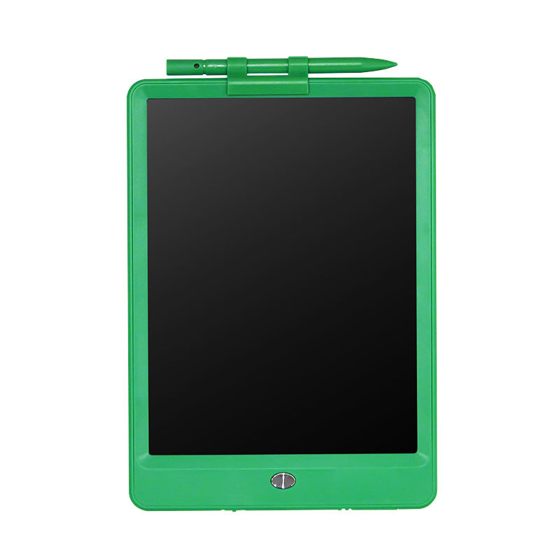 Green electronic writing tablet with stylus on a white background
