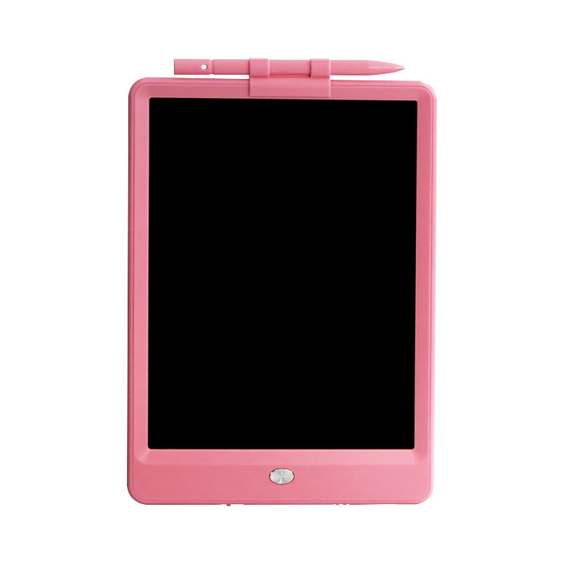 Pink electronic writing tablet with stylus on a white background