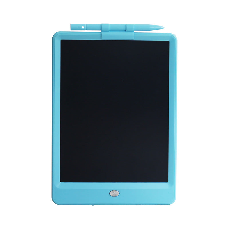 Blue electronic writing pad with stylus on a white background