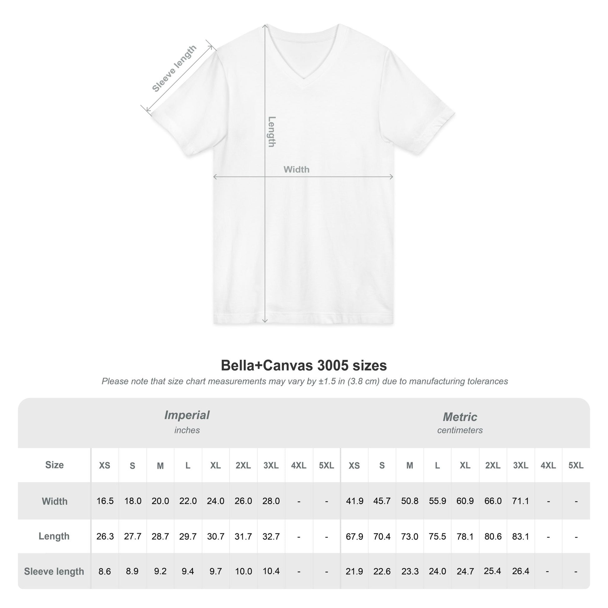 White t-shirt with size chart measurements on a white background