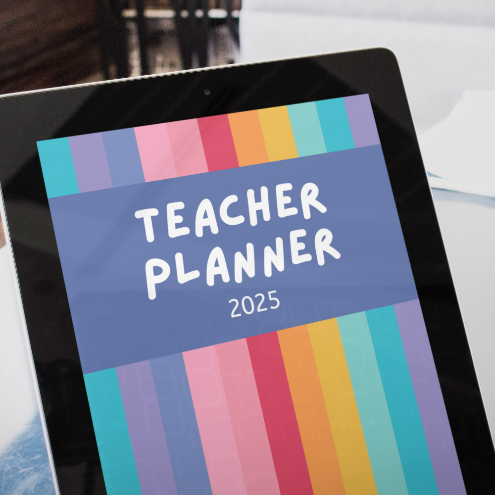 Digital tablet displaying a 'Teacher Planner 2025' cover with colorful stripes.