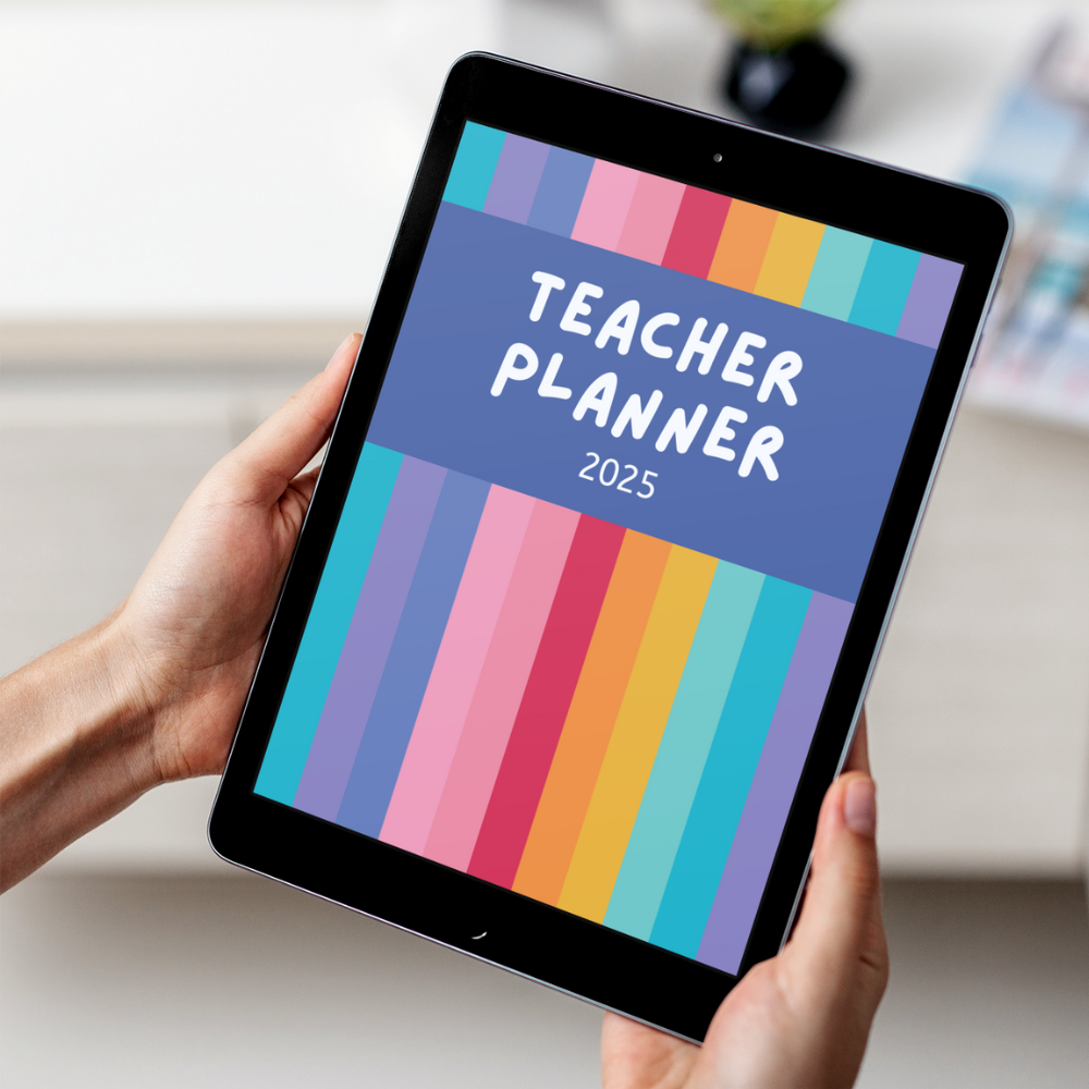 Person holding a tablet with a colorful 'Teacher Planner 2025' cover.