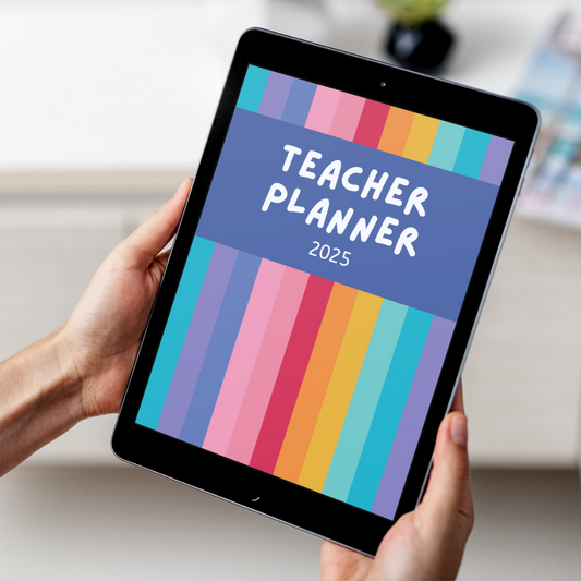 Person holding a tablet with a colorful 'Teacher Planner 2025' cover.