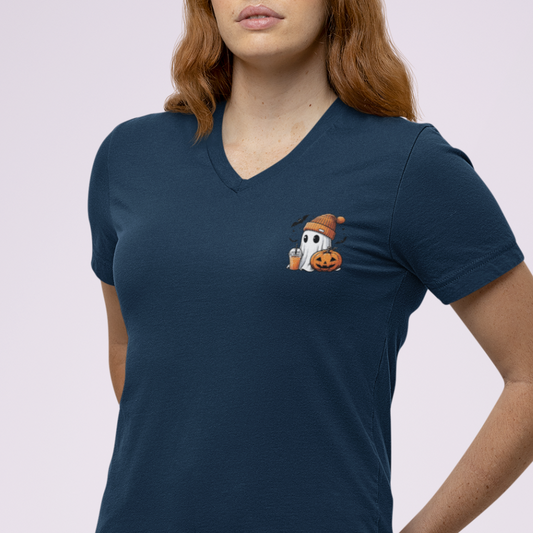 Navy blue t-shirt with a small graphic on a plain background