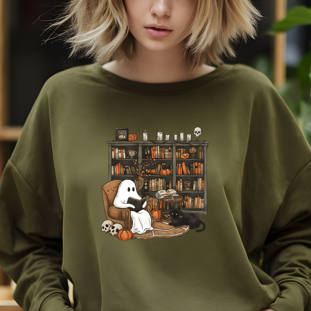 Person wearing a green sweatshirt with a Halloween-themed graphic of a ghost in a library.