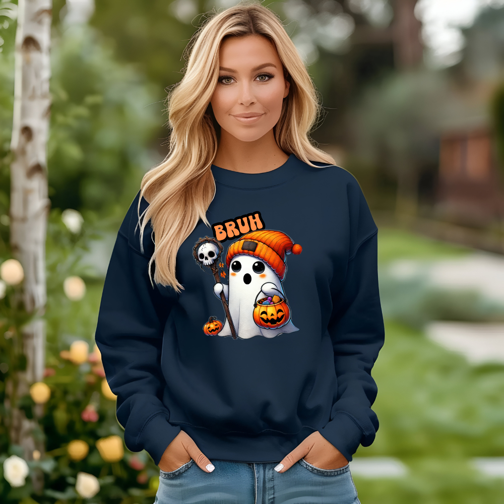 Woman wearing a navy blue sweatshirt with Halloween-themed design outdoors.