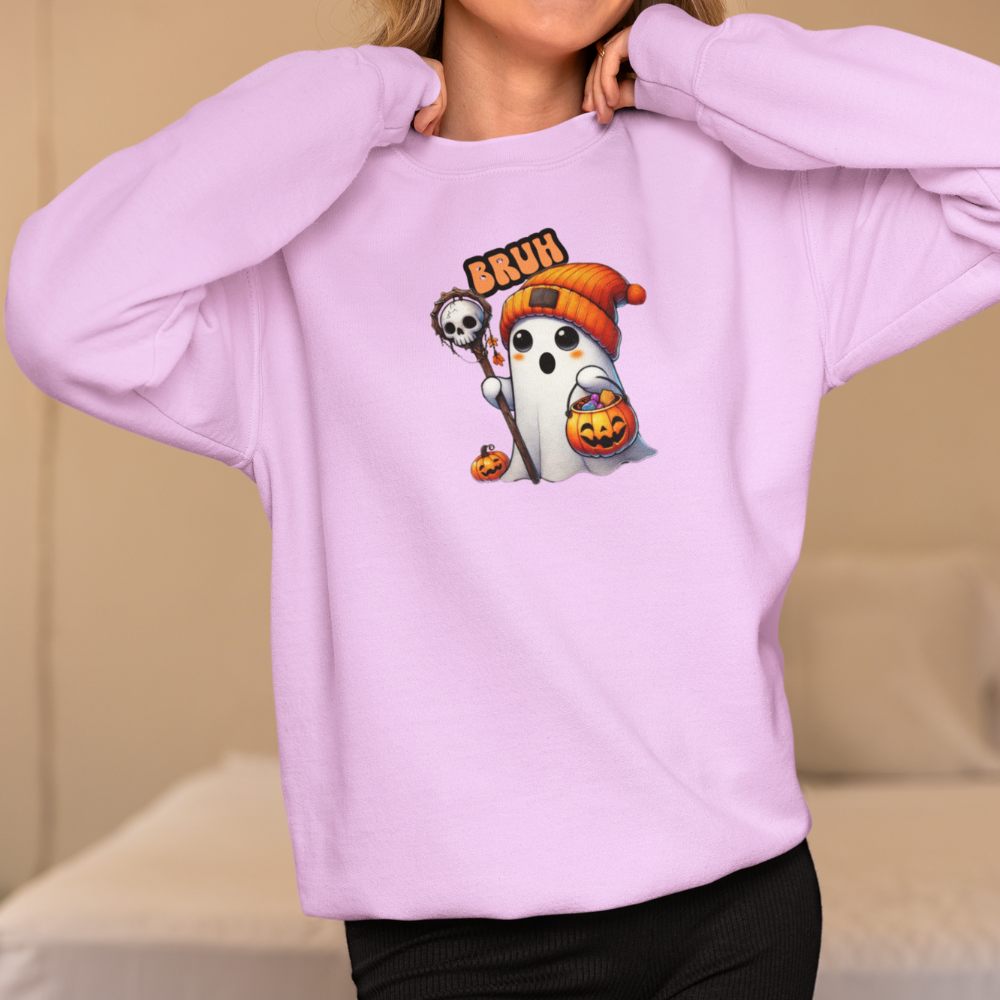 Person wearing a pink sweatshirt with a Halloween-themed ghost design and 'BRUH' text.