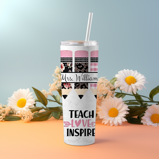 Tumbler with 'Teach Love Inspire' text and floral design on a gradient background