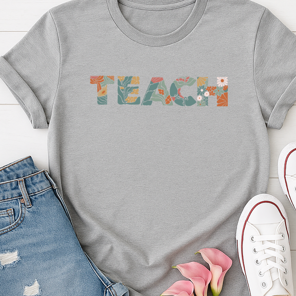Boho TEACH T-Shirt with Retro Floral Print | Soft Gildan 64000 Shirt for Teachers & Educators