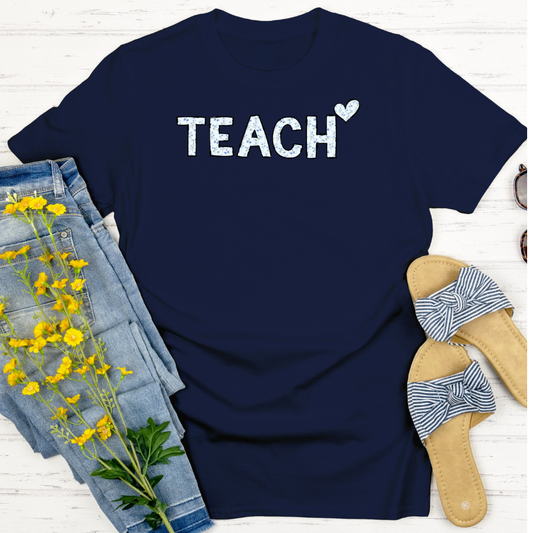TEACH Heart T-Shirt with Blue Floral Letters | Cute Gildan 64000 Softstyle Tee for Teachers & Educators
