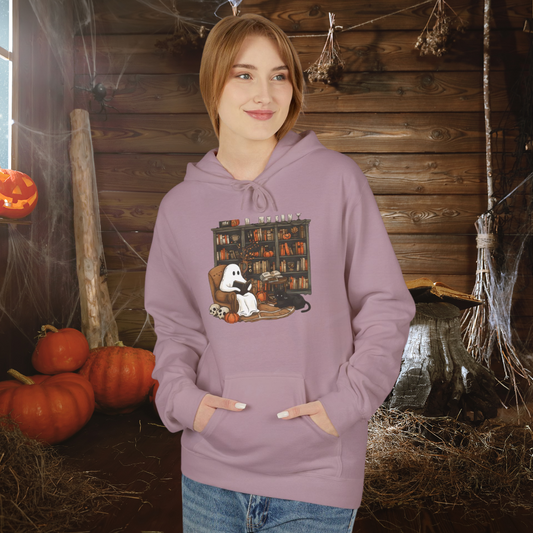 Cozy Ghost Reading Hoodie – Cute Halloween Book Lover Pullover for Teachers & Fall Fans