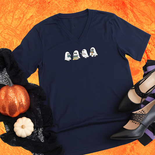 Navy blue t-shirt with ghost design on an orange background with Halloween items.