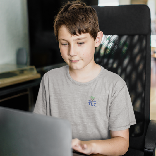 Young boy sitting at a desk using a laptop with a blurred office background