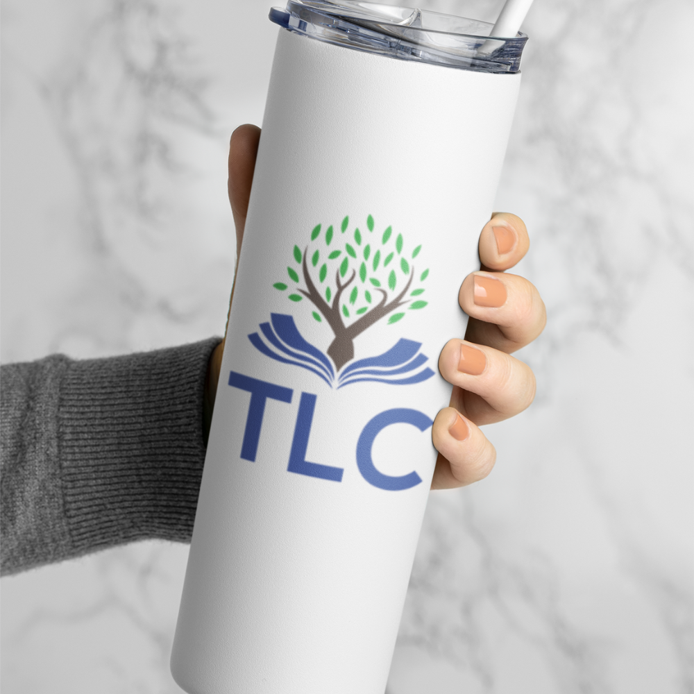 White tumbler with TLC logo held by a person against a neutral background