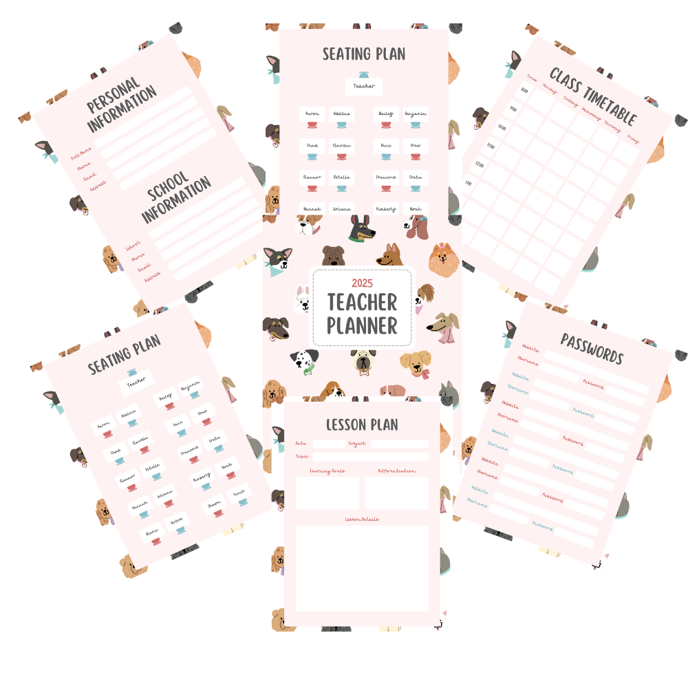 Collection of teacher planners with various sections on a white background