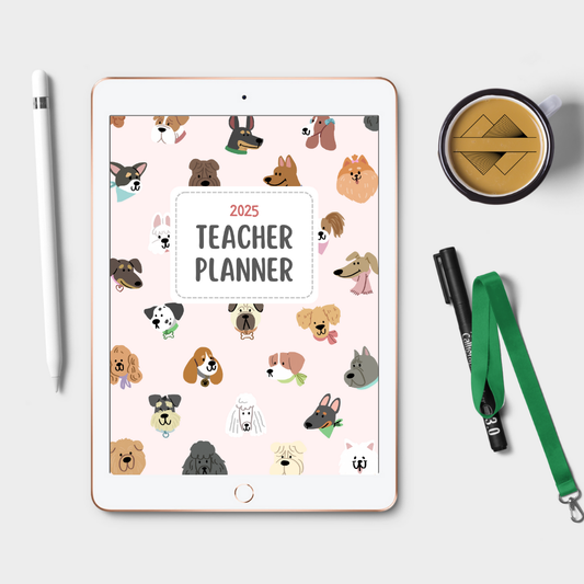 2025 Teacher Planner on a tablet with a coffee cup and accessories on a white surface