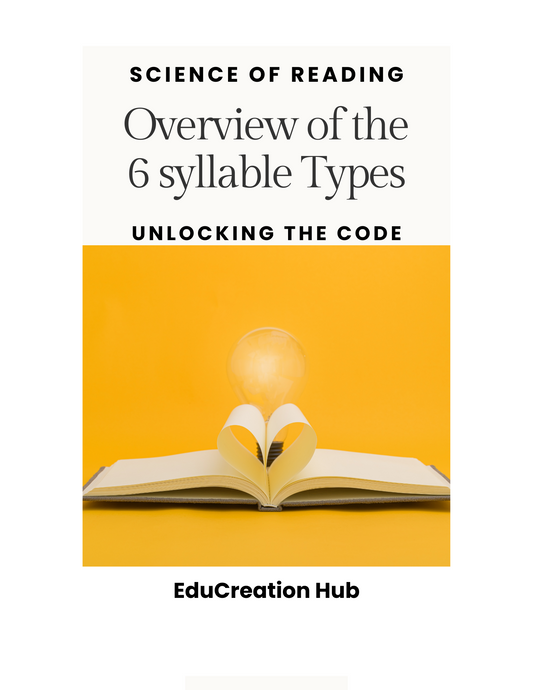 Book cover with an open book and light bulb on a yellow background, titled 'Science of Reading: Overview of the 6 Syllable Types'.