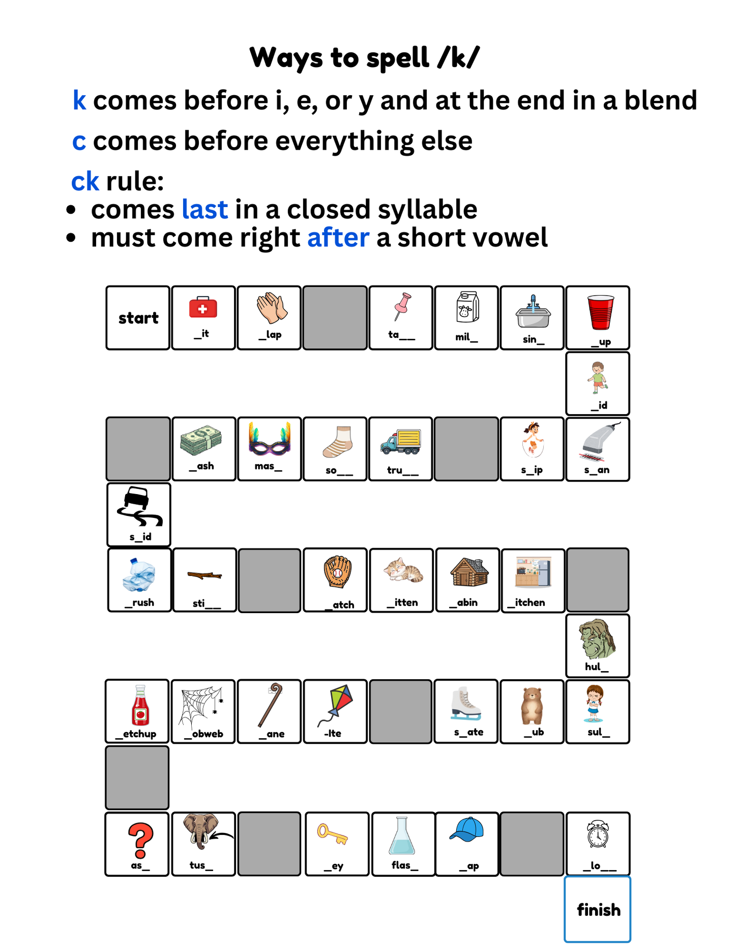 Spelling Game:  Ways to spell /k/