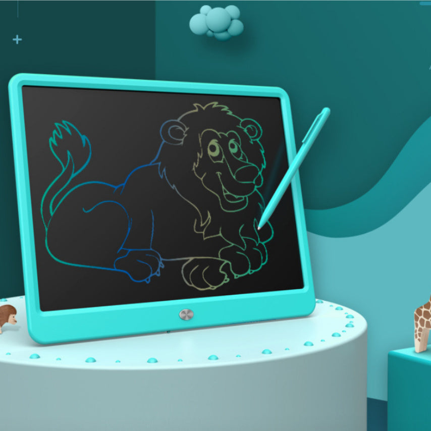Children's drawing tablet with a lion drawing on a teal background