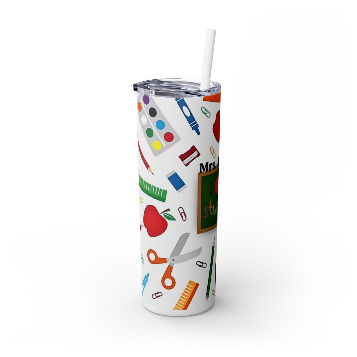 Tumbler with school-themed design on a white background
