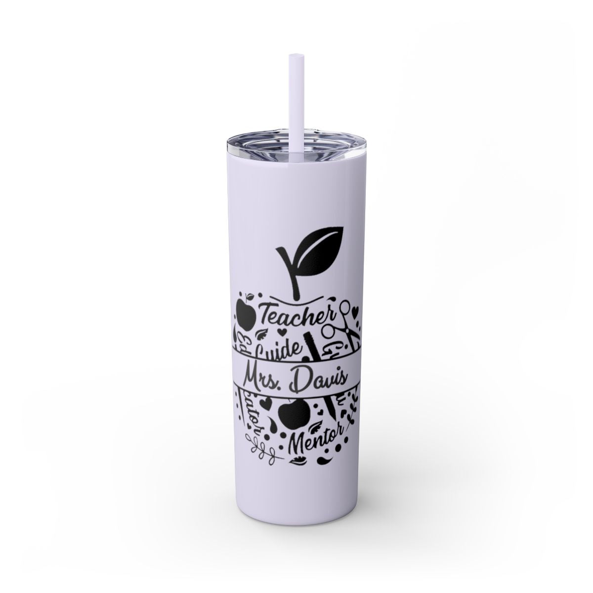 White tumbler with black text and graphics on a white background
