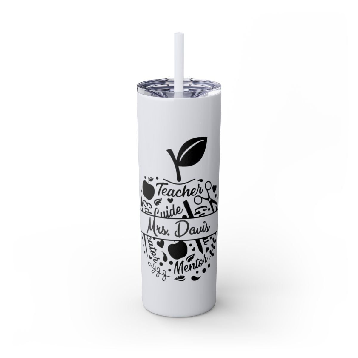White tumbler with black text and graphics on a white background