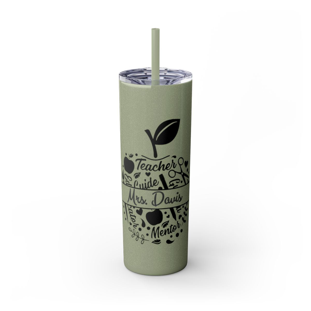 Green tumbler with black text and design on a white background