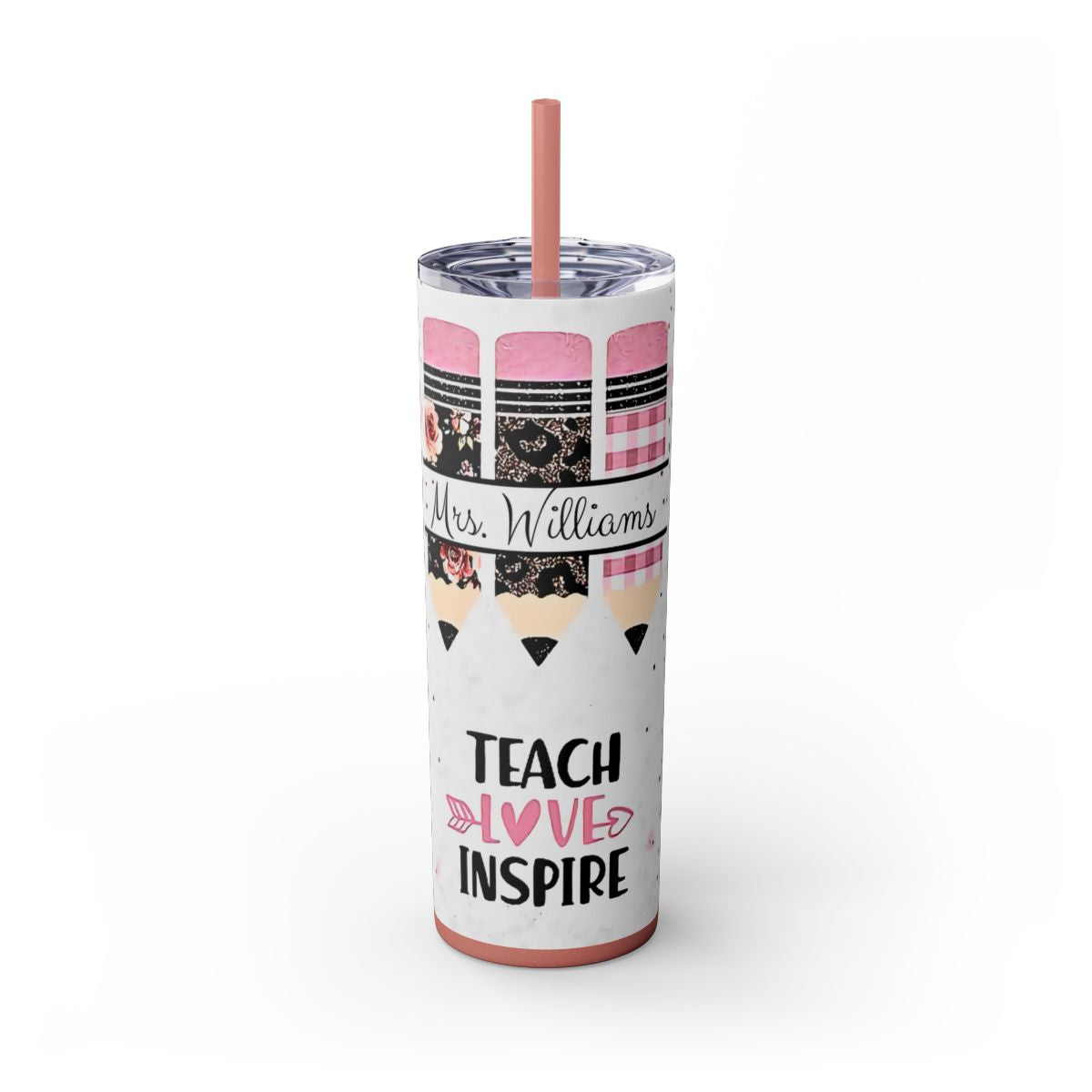 Tumbler with 'Teach Love Inspire' text and fox design on a white background