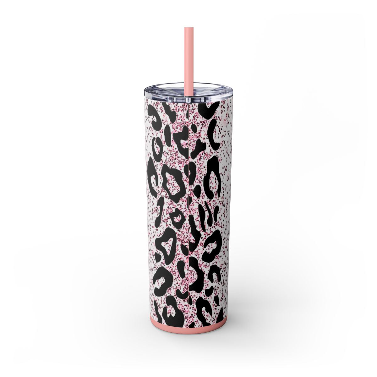Tumbler with pink and black leopard print pattern on a white background
