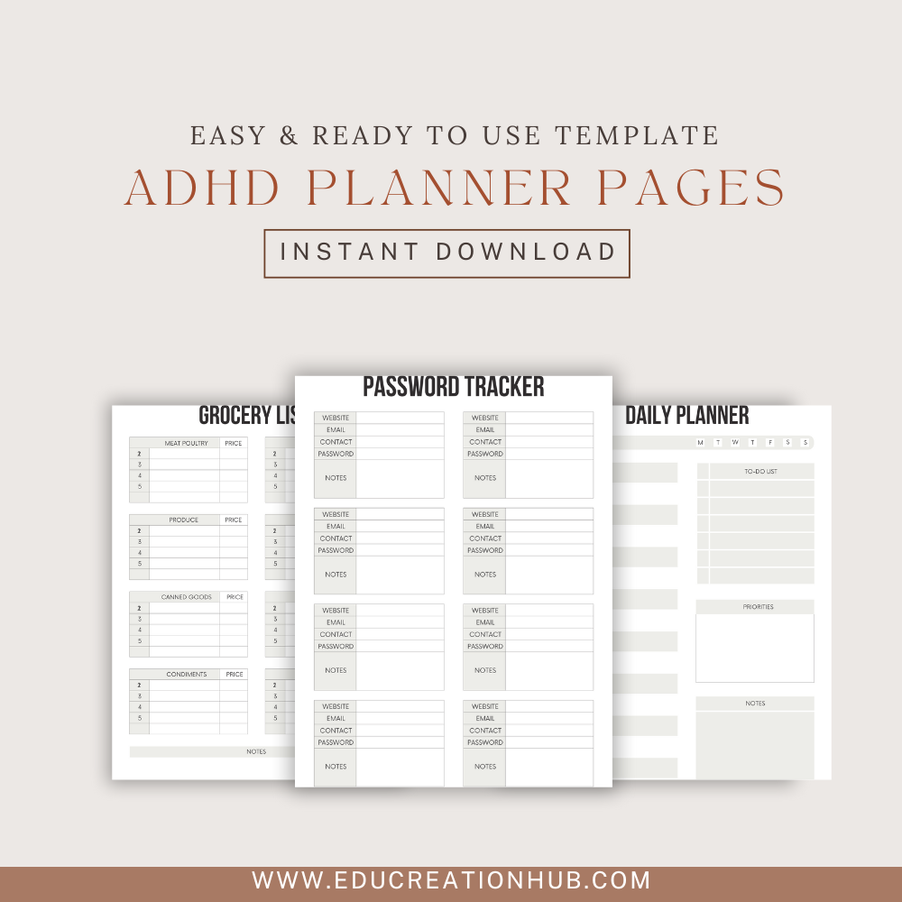 Three ADHD planner pages with labels on a light gray background, featuring text about instant download and a website URL.